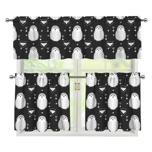 Cute White And Grey Owl Pattern Print 3 Piece Kitchen Curtains