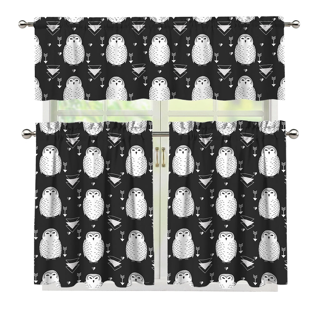 Cute White And Grey Owl Pattern Print 3 Piece Kitchen Curtains