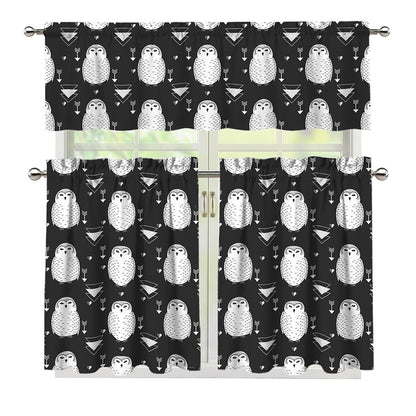 Cute White And Grey Owl Pattern Print 3 Piece Kitchen Curtains