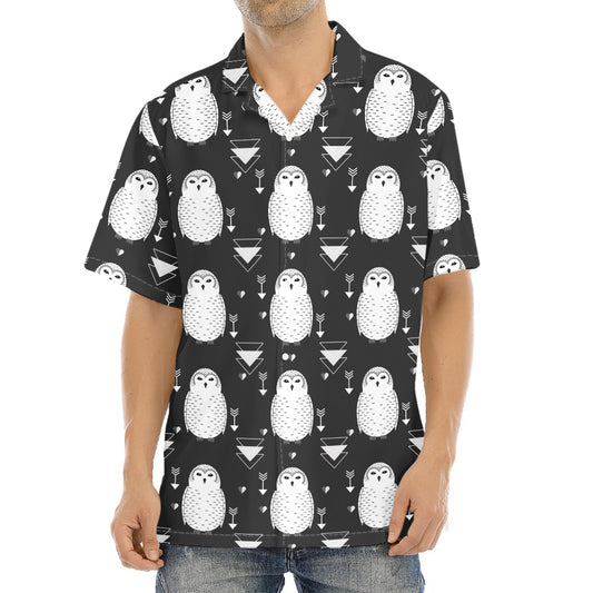 Cute White And Grey Owl Pattern Print Aloha Shirt