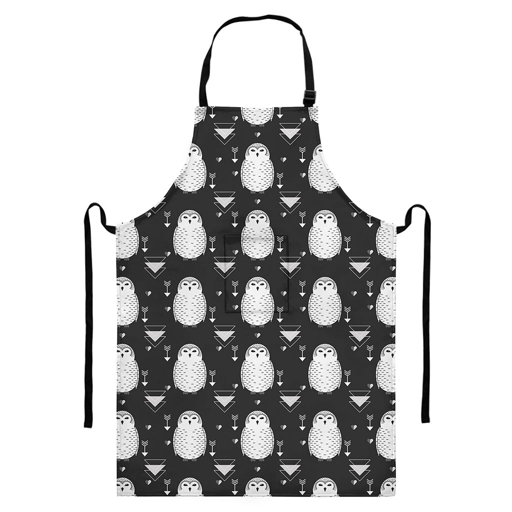 Cute White And Grey Owl Pattern Print Bib Apron With Pocket