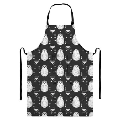 Cute White And Grey Owl Pattern Print Bib Apron With Pocket