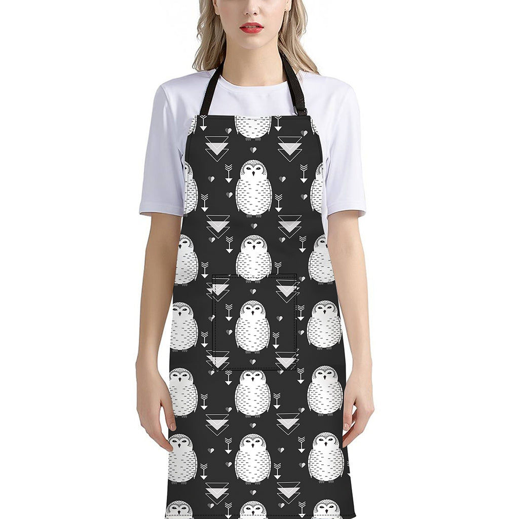 Cute White And Grey Owl Pattern Print Bib Apron With Pocket