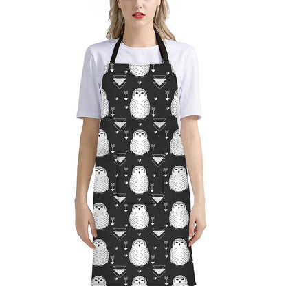 Cute White And Grey Owl Pattern Print Bib Apron With Pocket
