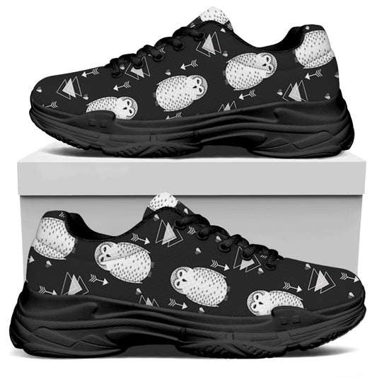 Cute White And Grey Owl Pattern Print Black Chunky Shoes