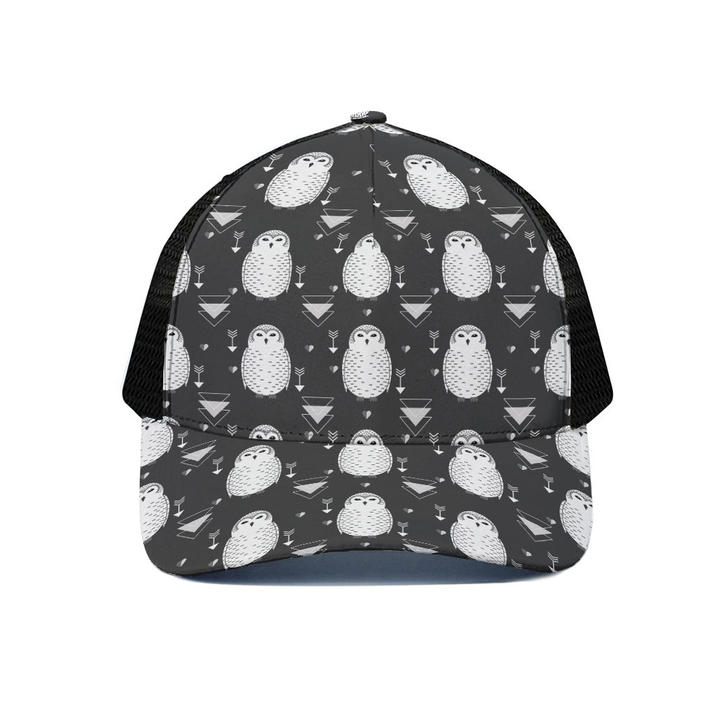 Cute White And Grey Owl Pattern Print Black Mesh Trucker Cap
