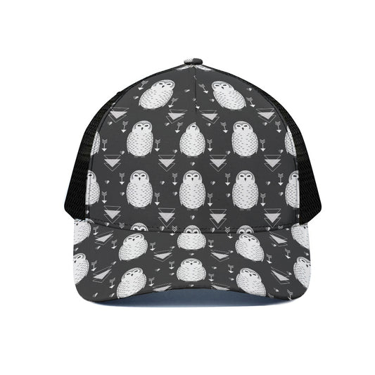 Cute White And Grey Owl Pattern Print Black Mesh Trucker Cap