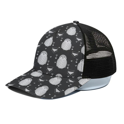 Cute White And Grey Owl Pattern Print Black Mesh Trucker Cap