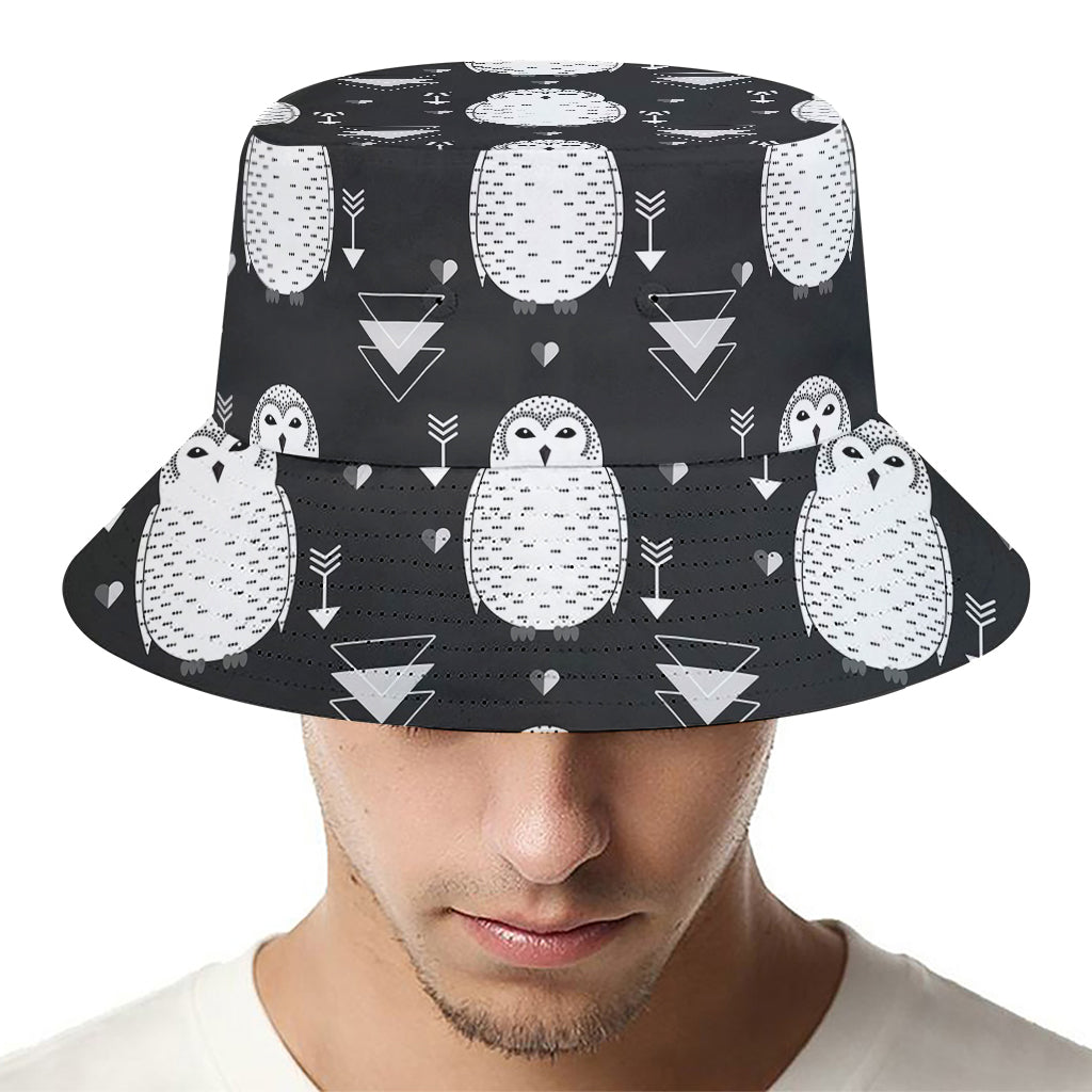 Cute White And Grey Owl Pattern Print Bucket Hat