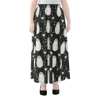 Cute White And Grey Owl Pattern Print Chiffon Maxi Skirt