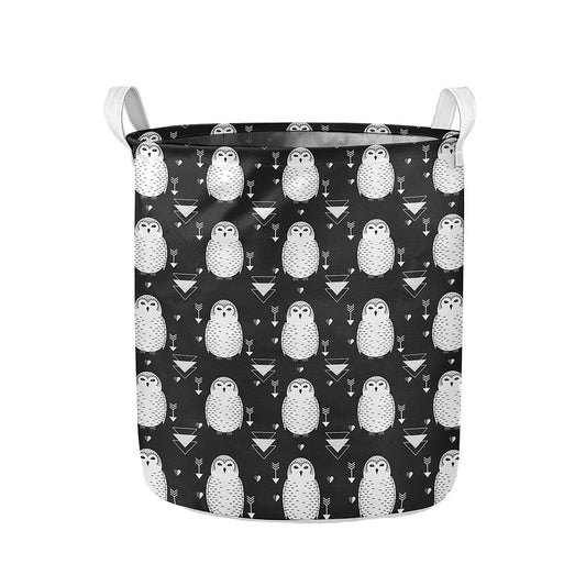 Cute White And Grey Owl Pattern Print Collapsible Laundry Basket