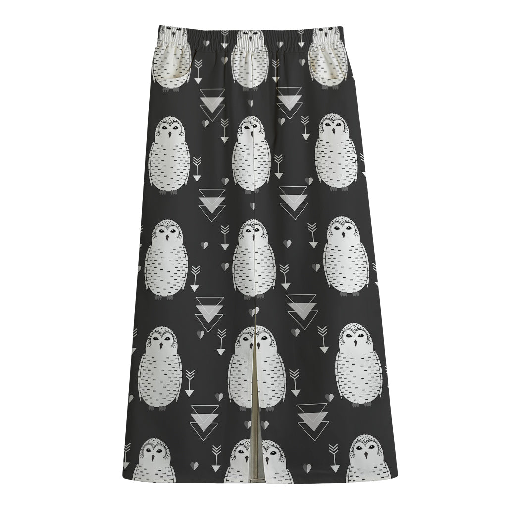 Cute White And Grey Owl Pattern Print Cotton Front Slit Maxi Skirt