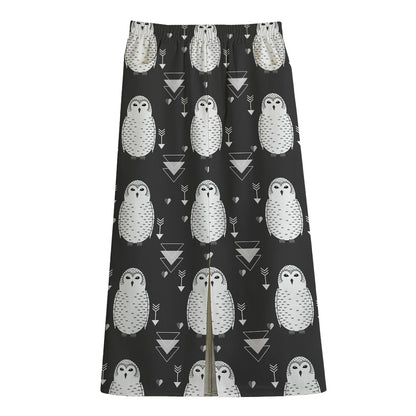 Cute White And Grey Owl Pattern Print Cotton Front Slit Maxi Skirt