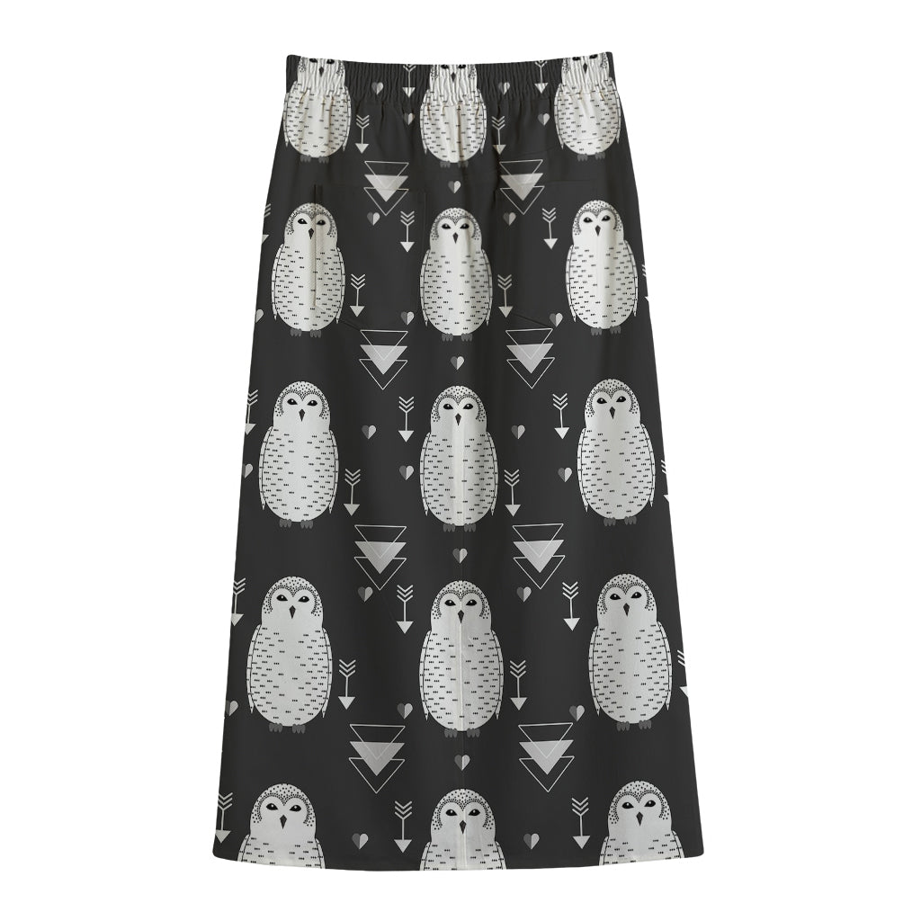 Cute White And Grey Owl Pattern Print Cotton Front Slit Maxi Skirt