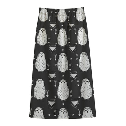 Cute White And Grey Owl Pattern Print Cotton Front Slit Maxi Skirt