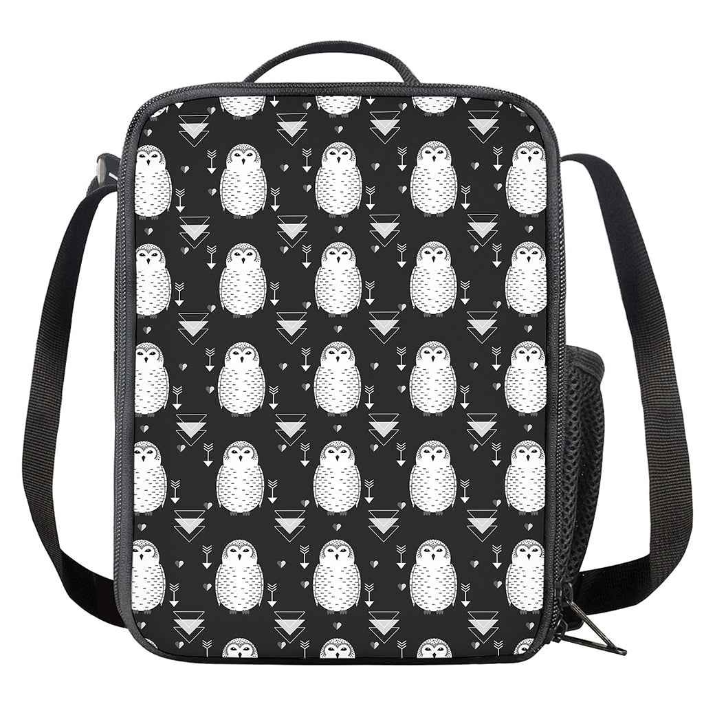 Cute White And Grey Owl Pattern Print Crossbody Lunch Bag