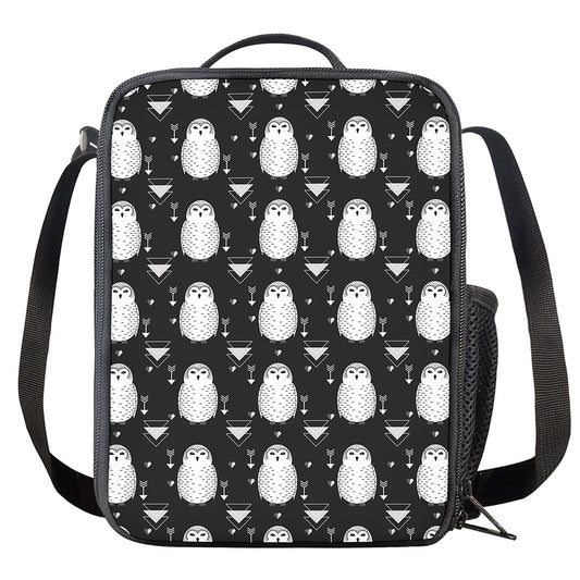 Cute White And Grey Owl Pattern Print Crossbody Lunch Bag