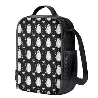 Cute White And Grey Owl Pattern Print Crossbody Lunch Bag