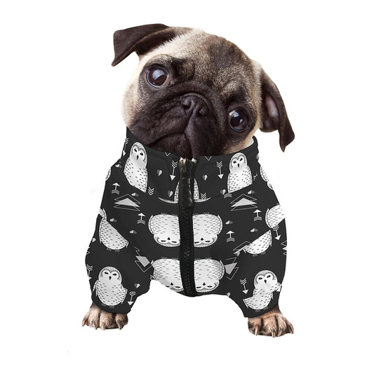 Cute White And Grey Owl Pattern Print Dog Zip Up Jacket