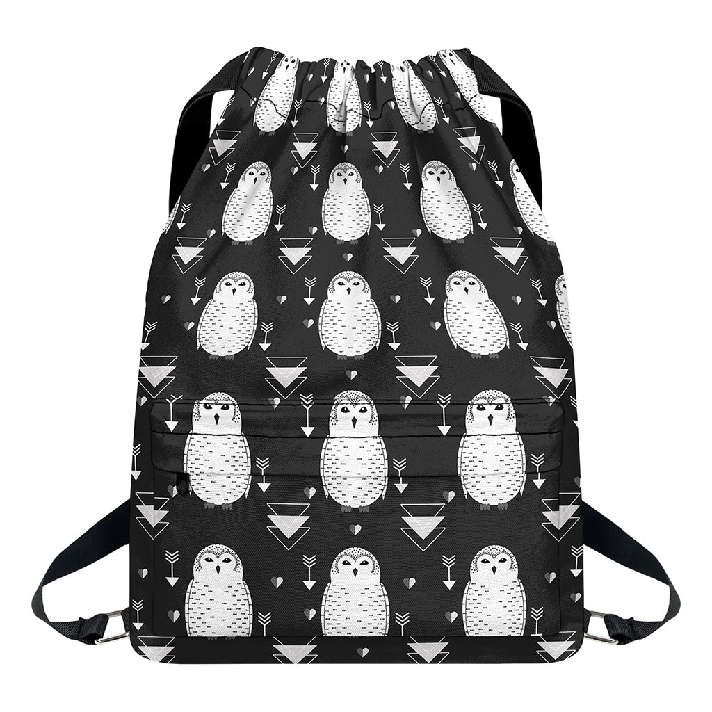 Cute White And Grey Owl Pattern Print Drawstring Backpack