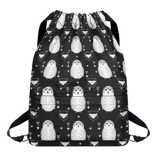Cute White And Grey Owl Pattern Print Drawstring Backpack