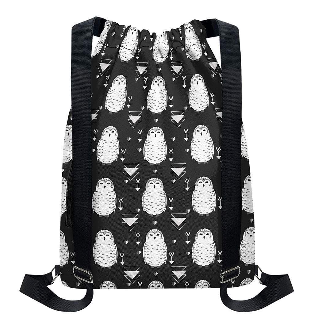 Cute White And Grey Owl Pattern Print Drawstring Backpack