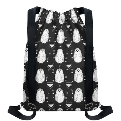Cute White And Grey Owl Pattern Print Drawstring Backpack