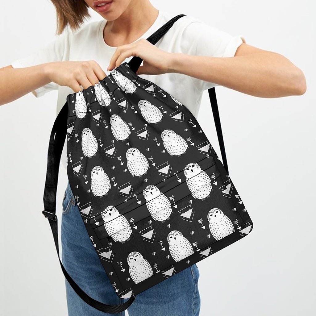 Cute White And Grey Owl Pattern Print Drawstring Backpack