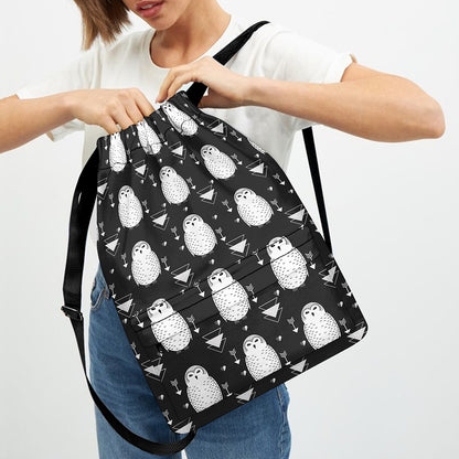 Cute White And Grey Owl Pattern Print Drawstring Backpack