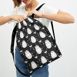 Cute White And Grey Owl Pattern Print Drawstring Backpack