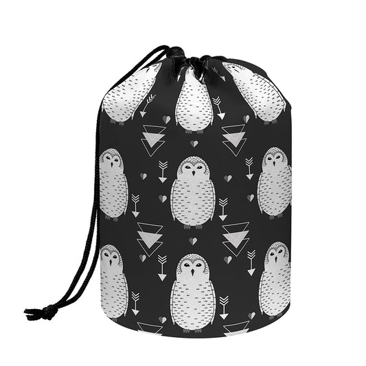 Cute White And Grey Owl Pattern Print Drawstring Makeup Bag