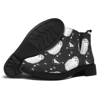 Cute White And Grey Owl Pattern Print Flat Ankle Boots