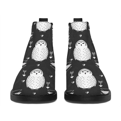 Cute White And Grey Owl Pattern Print Flat Ankle Boots