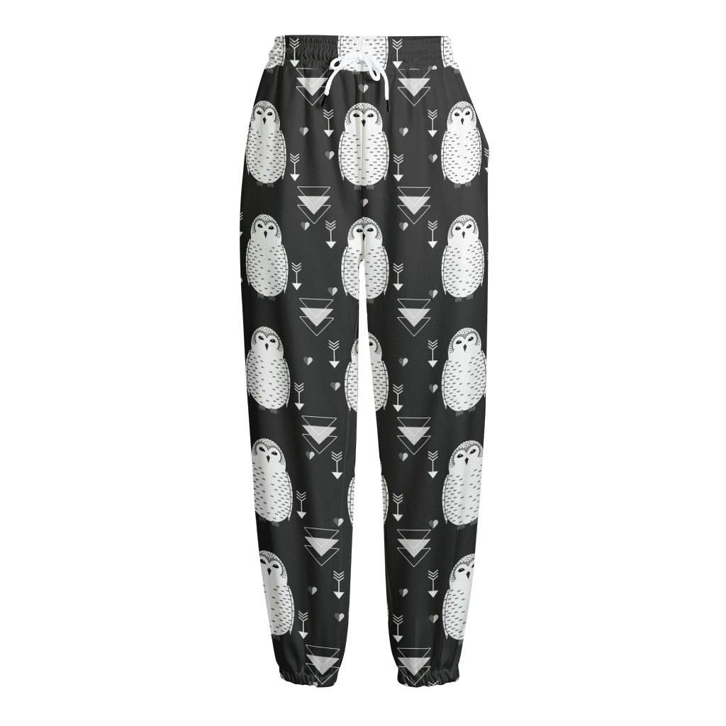 Cute White And Grey Owl Pattern Print Fleece Lined Knit Pants