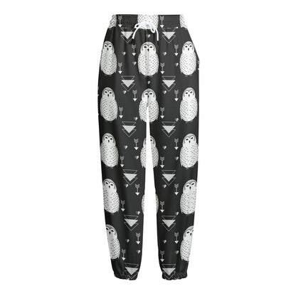 Cute White And Grey Owl Pattern Print Fleece Lined Knit Pants