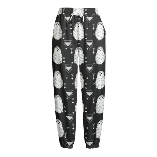 Cute White And Grey Owl Pattern Print Fleece Lined Knit Pants