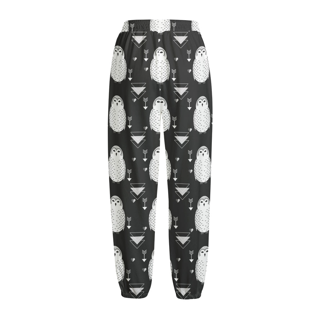 Cute White And Grey Owl Pattern Print Fleece Lined Knit Pants