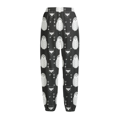 Cute White And Grey Owl Pattern Print Fleece Lined Knit Pants