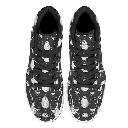 Cute White And Grey Owl Pattern Print High Top Leather Sneakers
