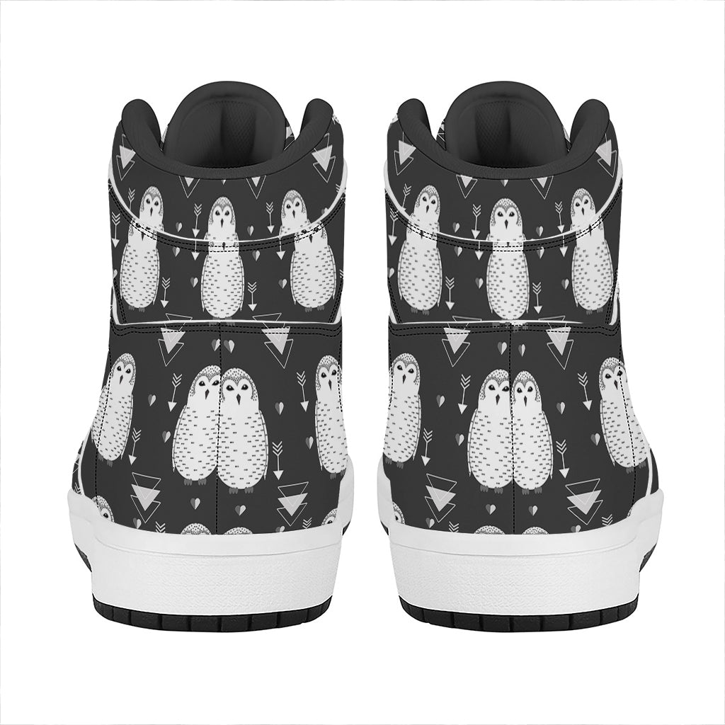 Cute White And Grey Owl Pattern Print High Top Leather Sneakers