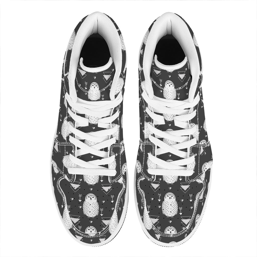 Cute White And Grey Owl Pattern Print High Top Leather Sneakers