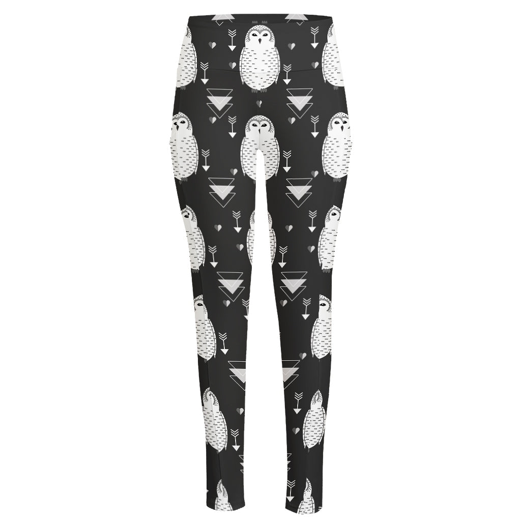 Cute White And Grey Owl Pattern Print High-Waisted Pocket Leggings