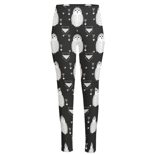 Cute White And Grey Owl Pattern Print High-Waisted Pocket Leggings