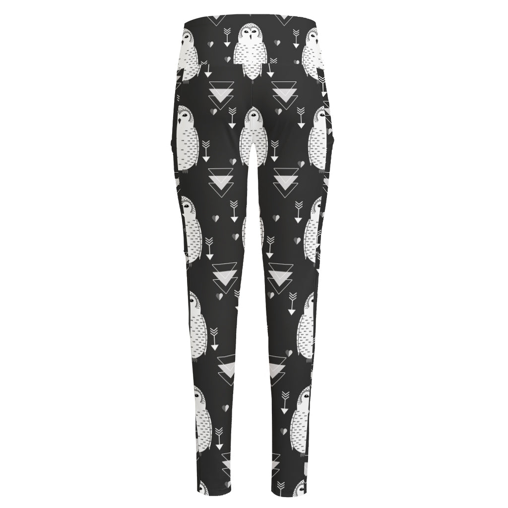 Cute White And Grey Owl Pattern Print High-Waisted Pocket Leggings