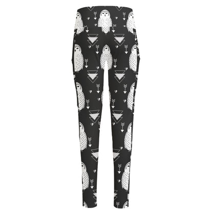 Cute White And Grey Owl Pattern Print High-Waisted Pocket Leggings