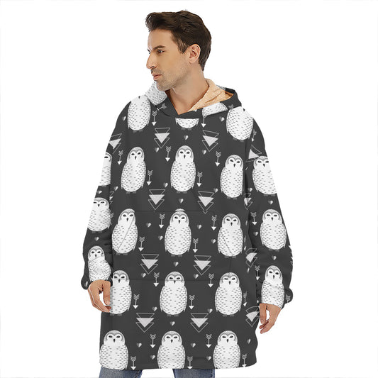 Cute White And Grey Owl Pattern Print Hoodie Blanket