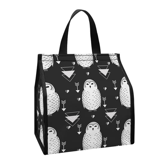 Cute White And Grey Owl Pattern Print Insulated Lunch Tote