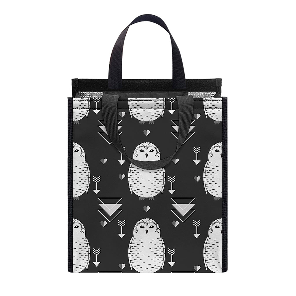 Cute White And Grey Owl Pattern Print Insulated Lunch Tote