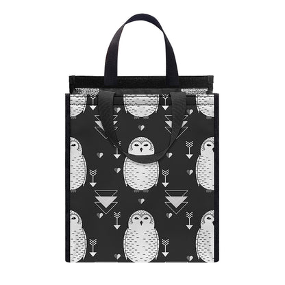 Cute White And Grey Owl Pattern Print Insulated Lunch Tote