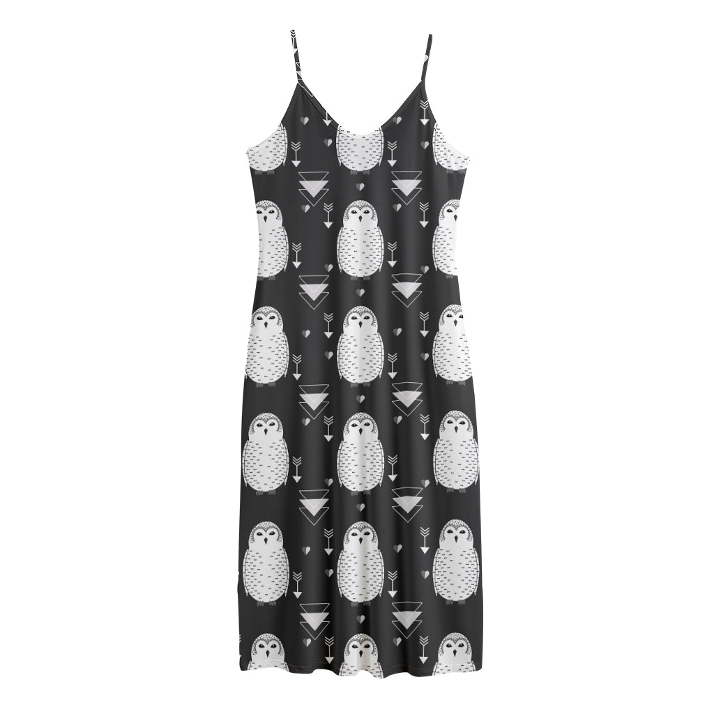 Cute White And Grey Owl Pattern Print Jersey Midi Cami Dress